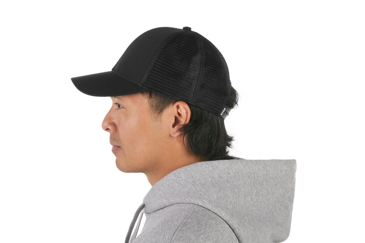 recycled-poly-low-profile-trucker-hat-m2 WebPDP-HAT002002_Recycled_Poly_Low_Profile_Trucker_Hat_Black_Studio_Harper_Studios_0723_Back__HAT002002OS.jpg