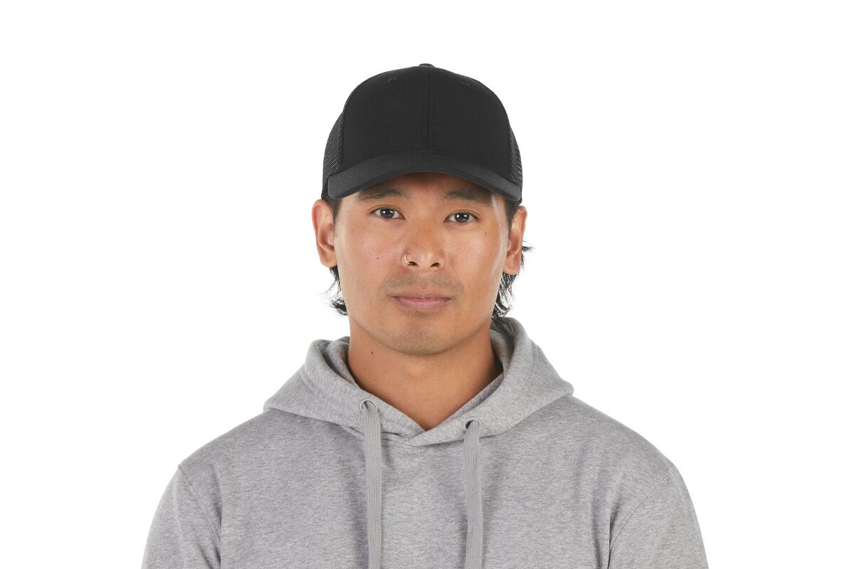 recycled-poly-low-profile-trucker-hat-m2 WebPDP-HAT002002_Recycled_Poly_Low_Profile_Trucker_Hat_Black_Studio_Harper_Studios_0723_Front__HAT002002OS.jpg